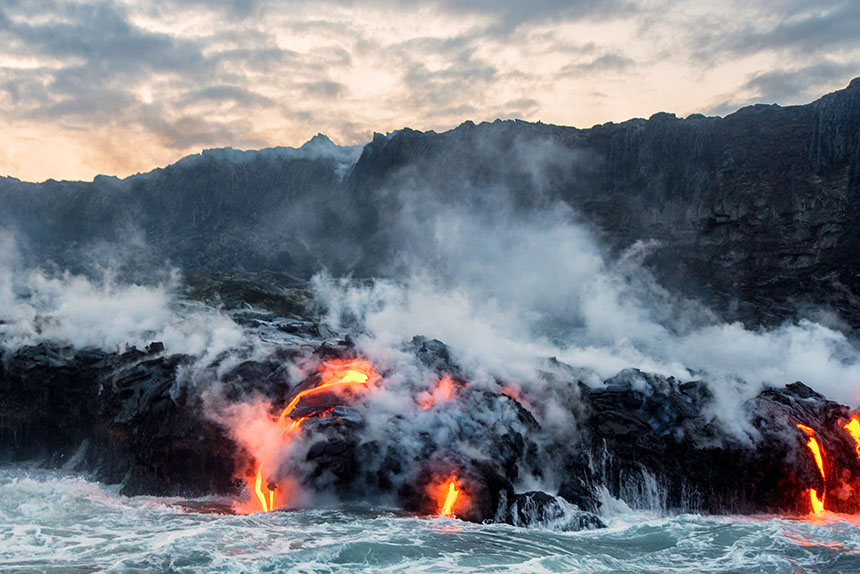 Lava pouring into the ocean in Hawaii
