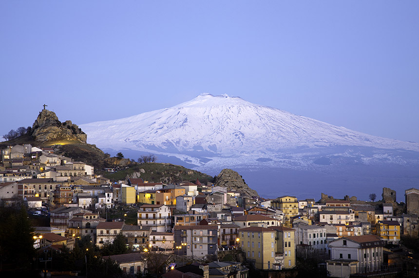 View over Taormina and Mount Etna in Sicily.