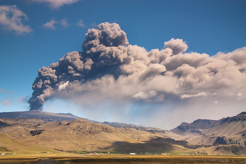 Plume of smoke spilling from Eyjafjallajokull, Iceland